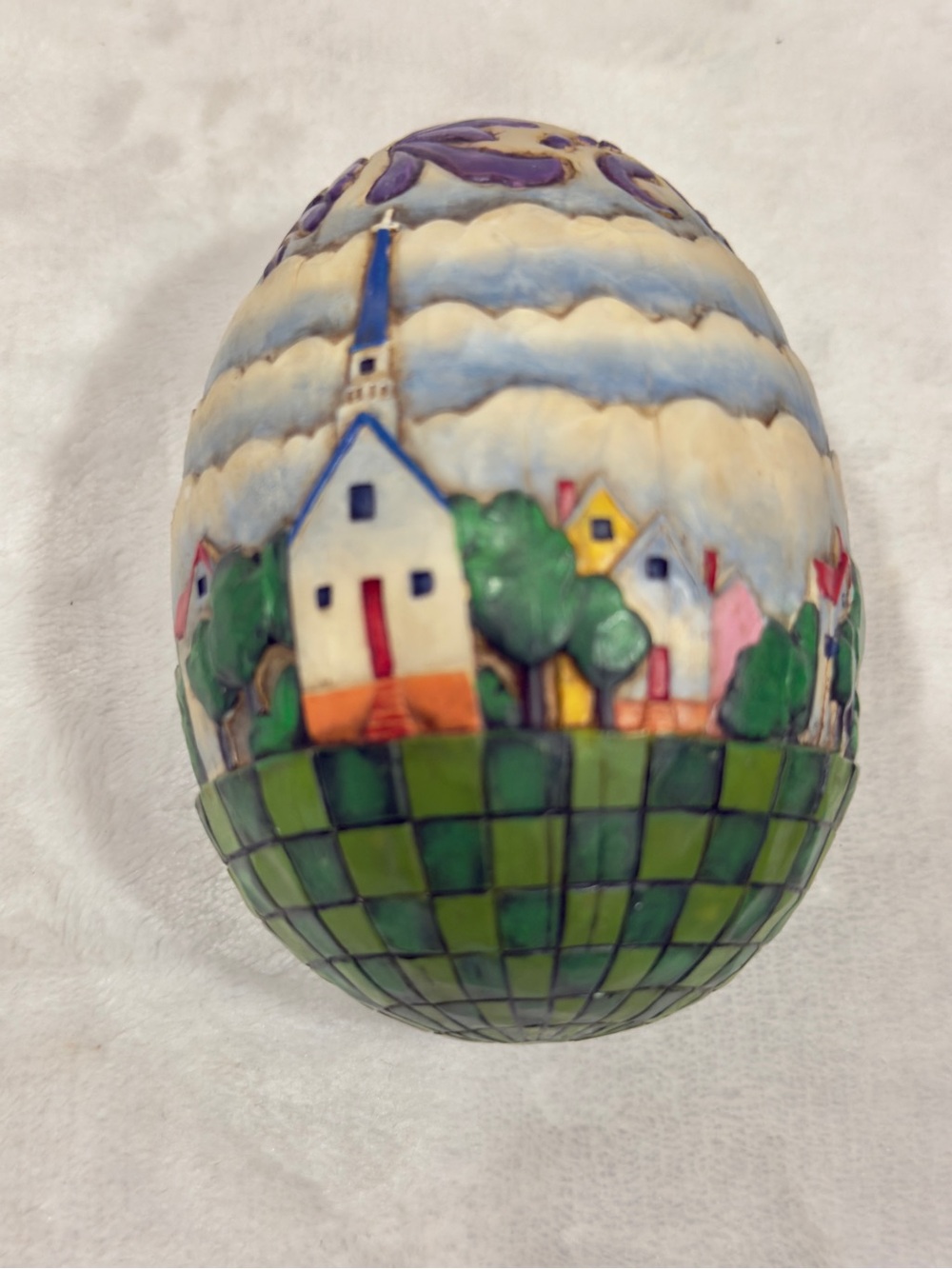 Jim Shore Hand-Painted Egg with Green, Blue, Purple and White Village Scene